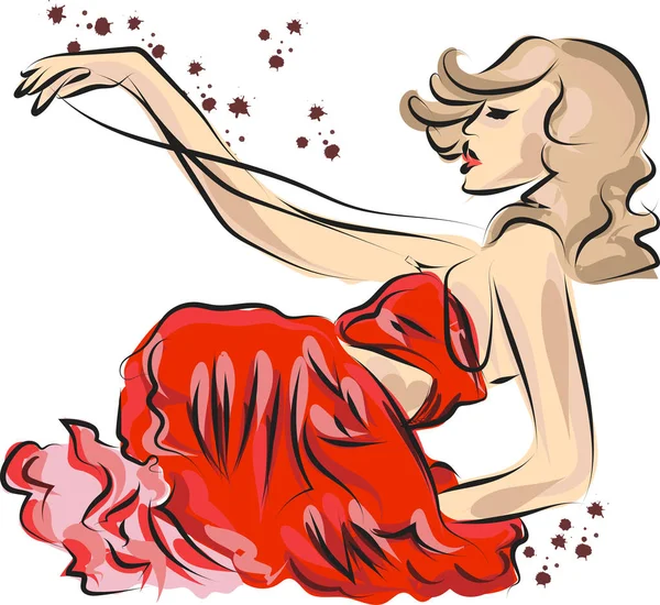 Schnelle Mode-Skizze von Mädchen im roten Kleid — Stockvektor