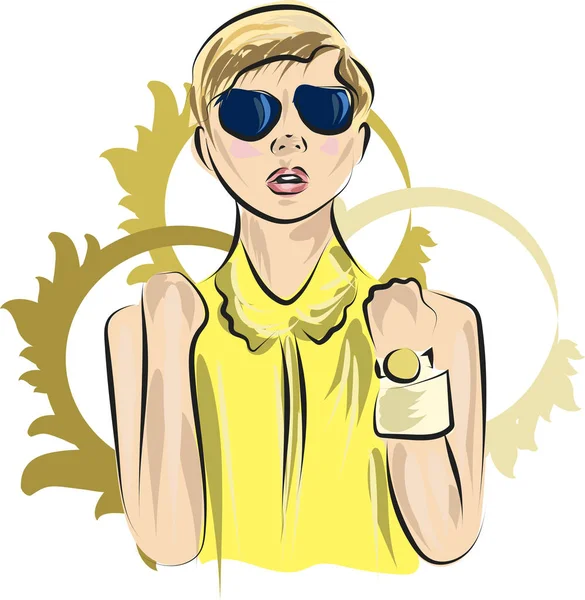 Boceto de moda rápida de chica en traje amarillo — Archivo Imágenes Vectoriales