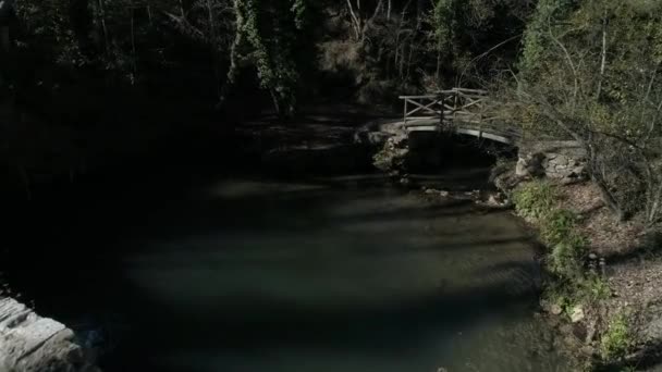 สระว ายน สะพานไม และต นไม เปล อยเปล ใบไม ในฤด ใบไม — วีดีโอสต็อก