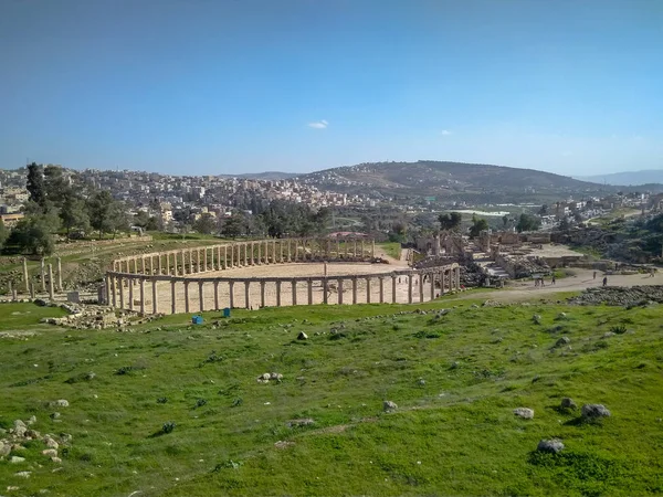 Ruínas Romanas Antigas Jerash Incluindo Teatro Antigo Templo Ártemis Outros — Fotografia de Stock