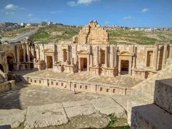 Ruínas Romanas Antigas Jerash Incluindo Teatro Antigo Templo Ártemis Outros — Fotografia de Stock