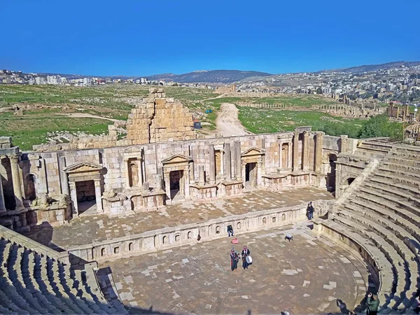 Ruínas Romanas Antigas Jerash Incluindo Teatro Antigo Templo Ártemis Outros — Fotografia de Stock