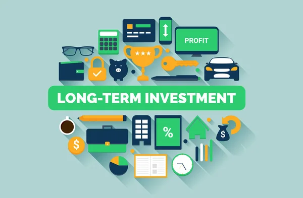 Lange Termijn Investeringen Vectorillustratie Met Financiële Pictogrammen — Stockvector