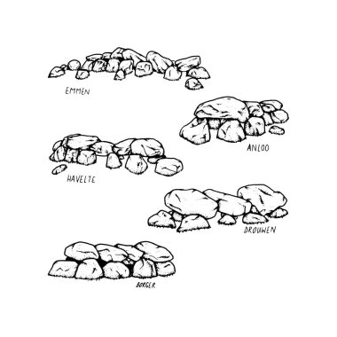 Drenthe gelen Hollandalı Dolmen vektör Illustration. Dolmen Drouwen Havelte Borger Emmen Anloo içinde yer alır