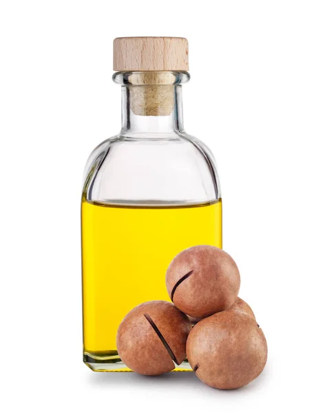 Macadamia oil in bottle with cork and nuts — Stock Photo, Image