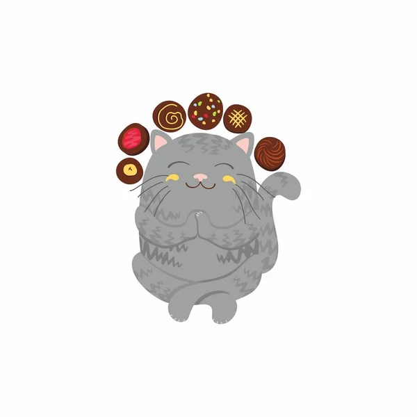 Katt Meditation Med Cookies Illustration — Stock vektor