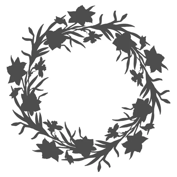 Corona de círculo floral con flores dibujadas a mano narcisos, narcisos — Vector de stock
