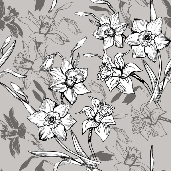 Monochroom naadloze bloemmotief met hand getrokken bloemen narcissen, narcissus. — Stockvector