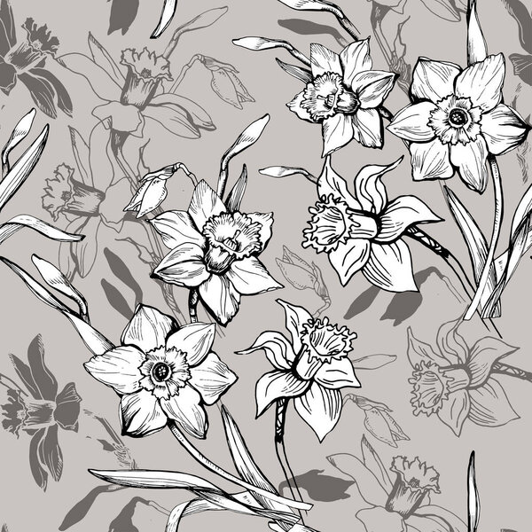 Monochrome floral seamless pattern with hand drawn flowers daffodils, narcissus.