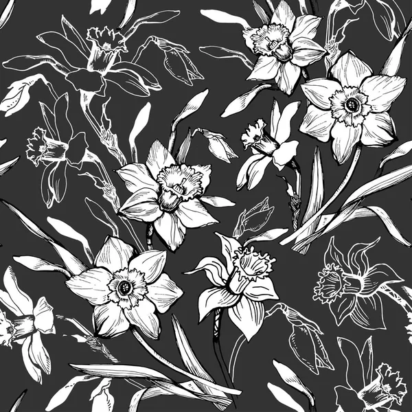 Monochroom naadloze bloemmotief met hand getrokken bloemen narcissen, narcissus. — Stockvector