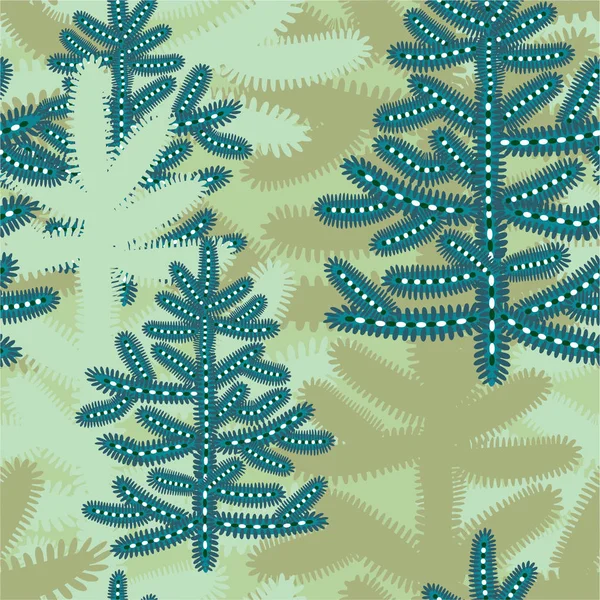 Çizgi film kış seamless modeli ile stilize karlı Noel ağaçları. — Stok Vektör