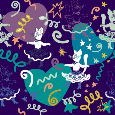 Komik karikatür kedi dans ile seamless modeli karnaval.