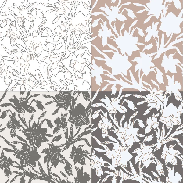 Conjunto de 4 patrones florales sin costura con siluetas y contornos — Archivo Imágenes Vectoriales