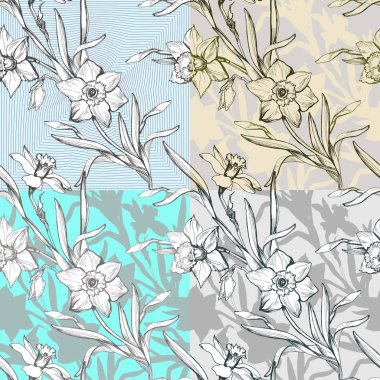 Siluetleri ve kontür 4 çiçek Dikişsiz desen seti