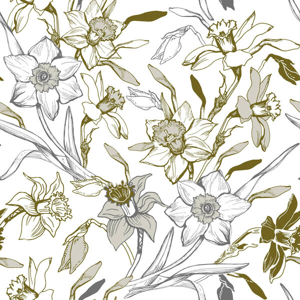 Manual graphic seamless pattern with hand drawn flowers daffodils.