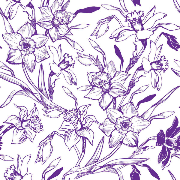 Manual graphic seamless pattern with hand drawn flowers daffodils.