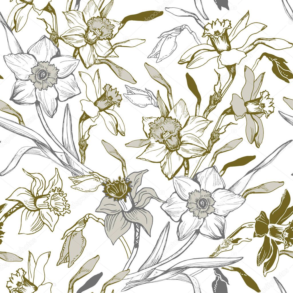 Manual graphic seamless pattern with hand drawn flowers daffodils.