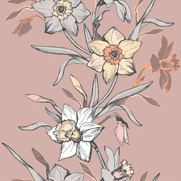 Floral borde vertical sin costura con flores dibujadas a mano narcisos, narcisos . — Vector de stock