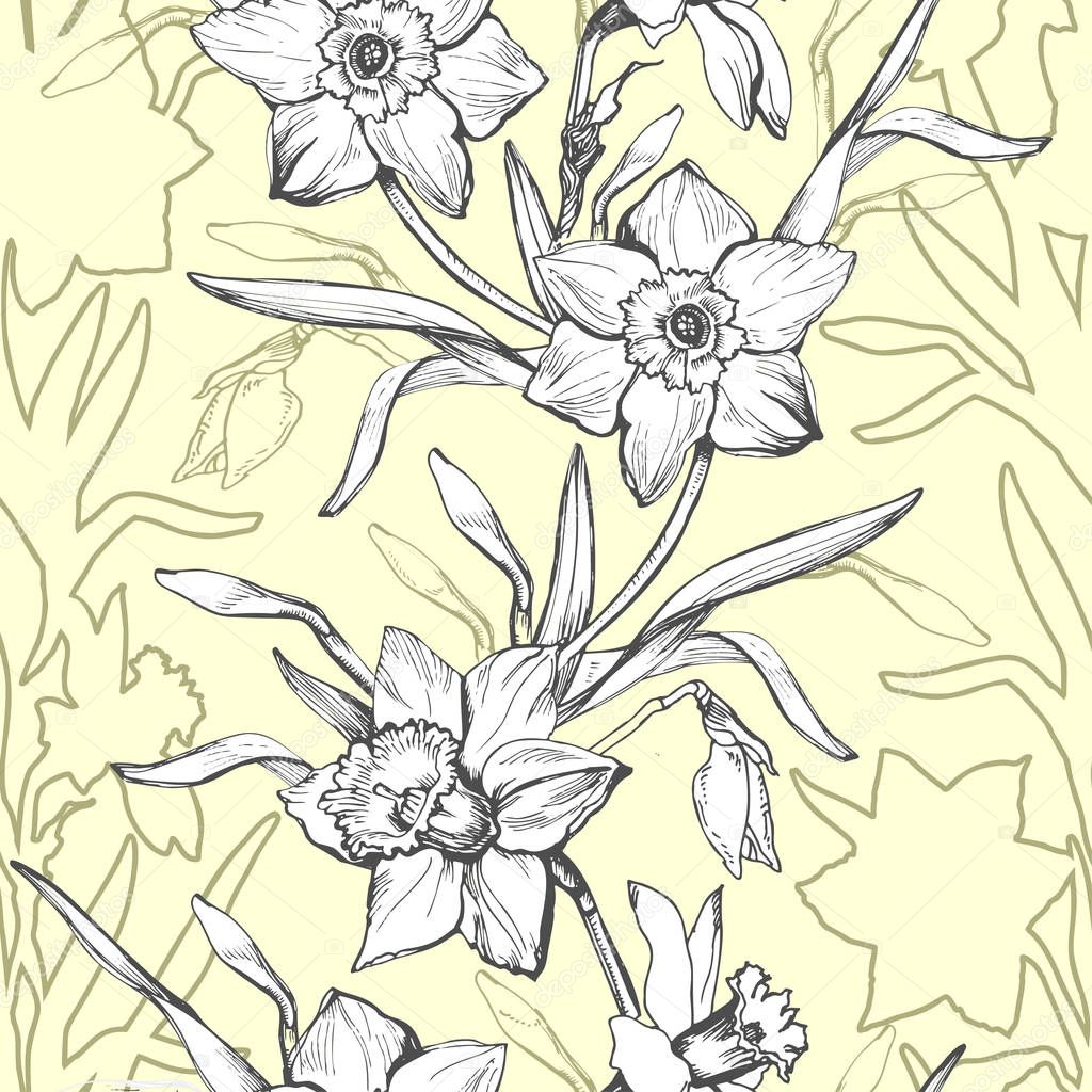 Floral graphic seamless pattern with hand drawn flowers daffodils,