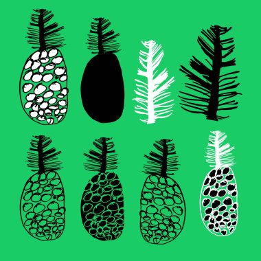 Yaprak ve meyve ananas doodle tarzı meyve kümesi.