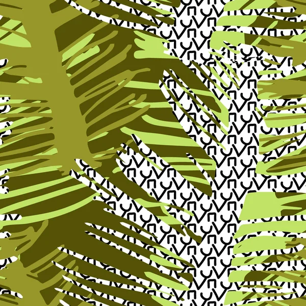Motif graphique sans couture avec des feuilles de palmier dessinées à la main dans doodle — Image vectorielle