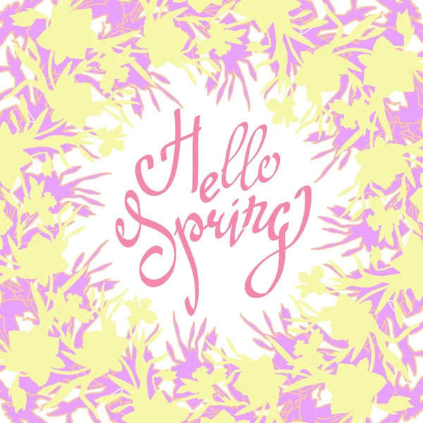 Hola tarjeta de felicitación de primavera con borde floral con siluetas . — Archivo Imágenes Vectoriales