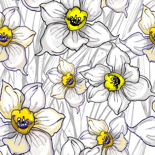 Μονόχρωμη λουλουδάτο μοτίβο χωρίς ραφή με το χέρι συντάσσονται λουλούδια — Διανυσματικό Αρχείο
