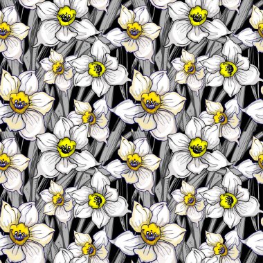 El çizilmiş çiçekler ile mono botanik Dikişsiz desen