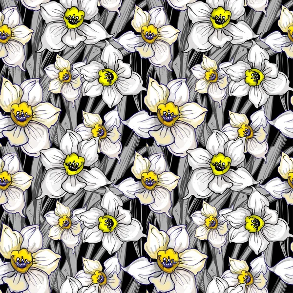 El çizilmiş çiçekler ile mono botanik Dikişsiz desen — Stok Vektör