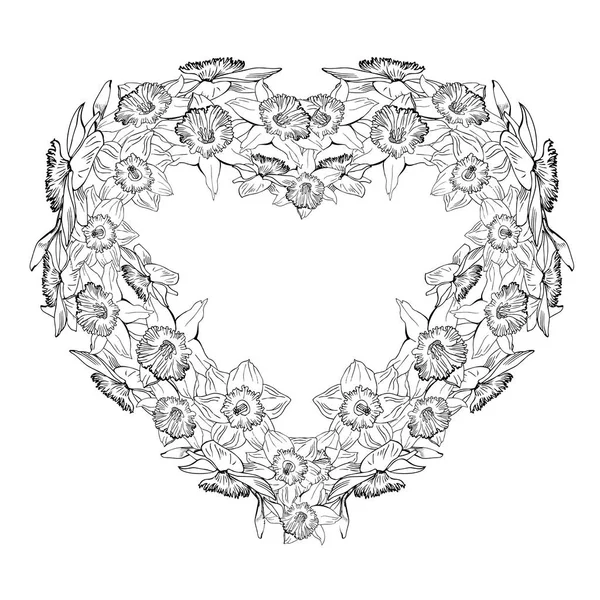 Corazón floral monocromo de flores dibujadas a mano narcisos , — Archivo Imágenes Vectoriales