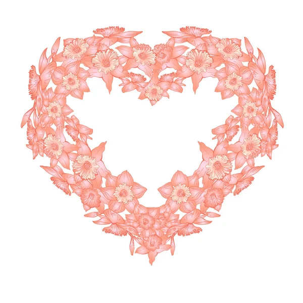 Carte de vœux florale avec cadre en forme de coeur isolé sur blanc — Image vectorielle