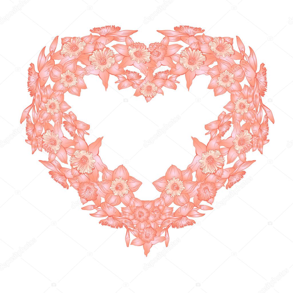 Floral gretting card with frame in form of heart isolated on white