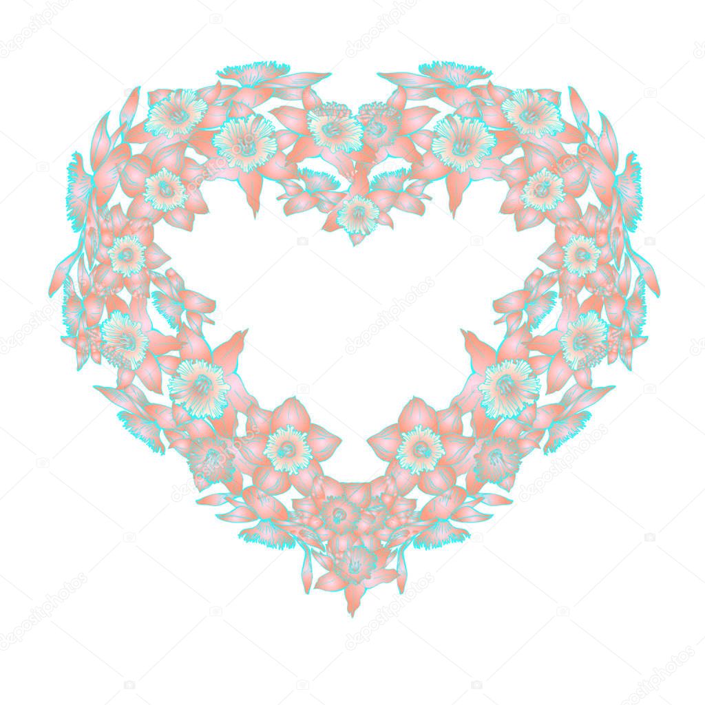 Floral gretting card with frame of flowes in form of heart