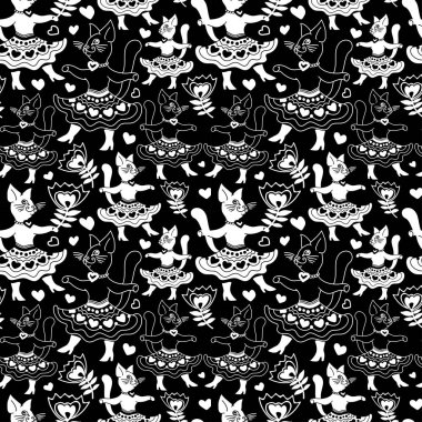 Siyah üzerinde doodle tarzında çiçeklerle dans Karikatür kediler.