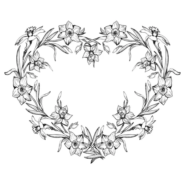 Borde floral blanco y negro ornamental en forma de corazón . — Archivo Imágenes Vectoriales