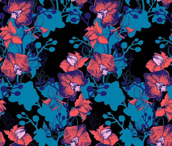 Patrón inconsútil botánico coloreado con flores de orquídeas . — Archivo Imágenes Vectoriales
