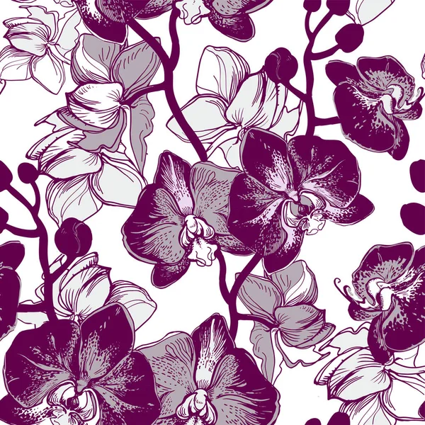 Монохромний квітковий безшовний візерунок з квіткою намальованих вручну орхідей . — стоковий вектор