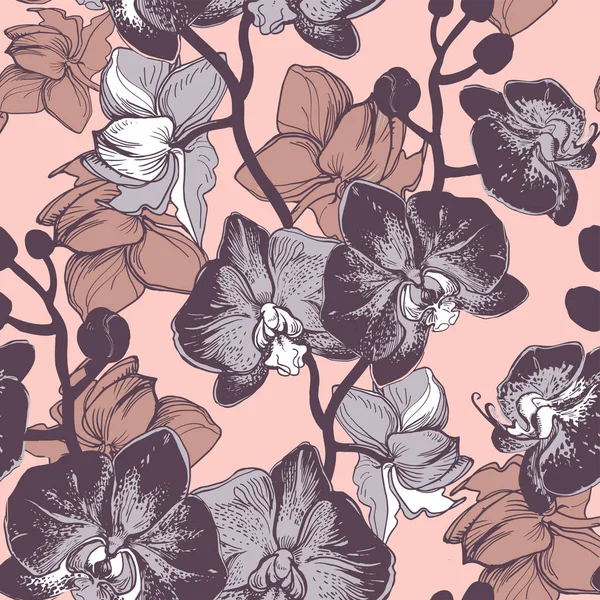 Printemps fond sans couture avec des orchidées tachetées dessinées à la main — Image vectorielle