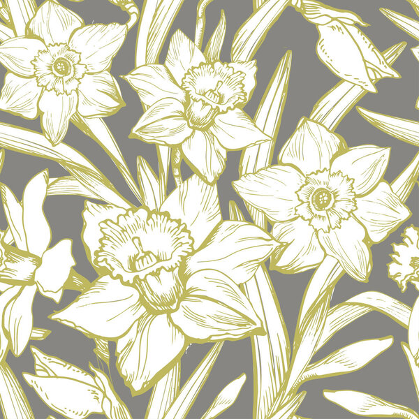 Seamless pattern with hand drawn contours and silhouettes of flowers.