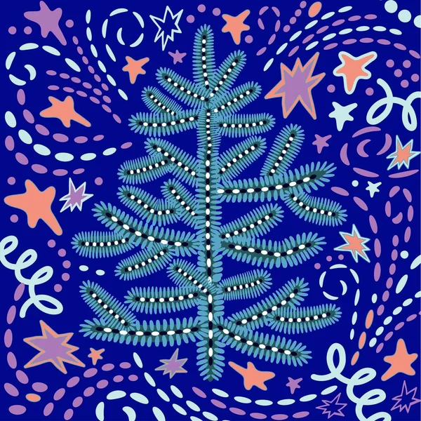 手は休日の装飾の背景にカラフルな落書きクリスマスツリーを描きます. — ストックベクタ