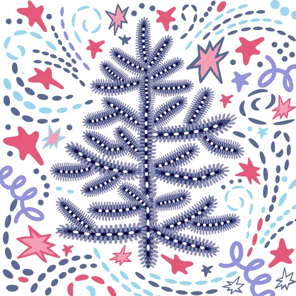 クリスマスツリーとドアの中のクリスマス雪のグリーティングカード. — ストックベクタ