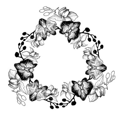 Elle çizilmiş çiçek çelenginin siyah ve beyaz çizimi.