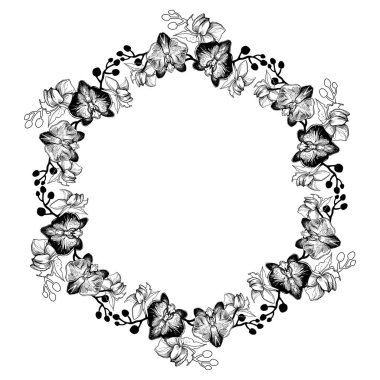 El yapımı siyah beyaz çelenk çizilmiş orkideler..