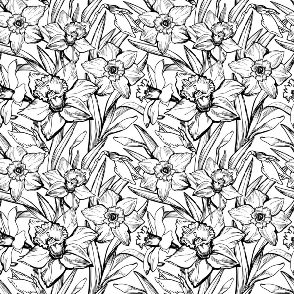 Patrón sin costura botánico monocromo de primavera con flores dibujadas a mano. — Vector de stock