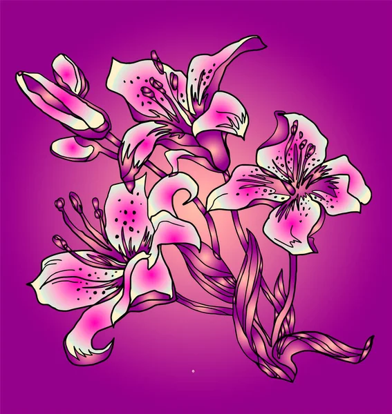 Cartão vetorial saudação com buquê em plena floração de flores de lírio no fundo roxo —  Vetores de Stock