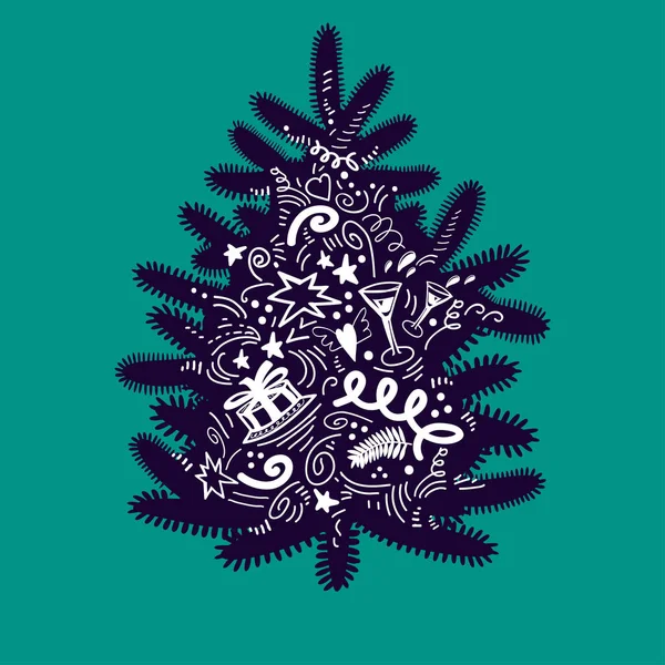 圣诞树的设计元素和涂鸦风格的新年标志. — 图库矢量图片