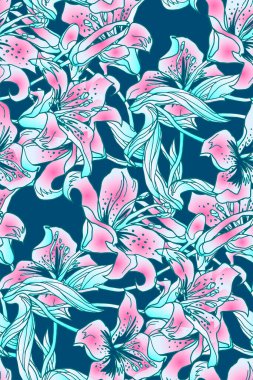 Lily 'nin yaprakları ve çiçekleri. Renkli siluetleri olan egzotik çiçek desenli..