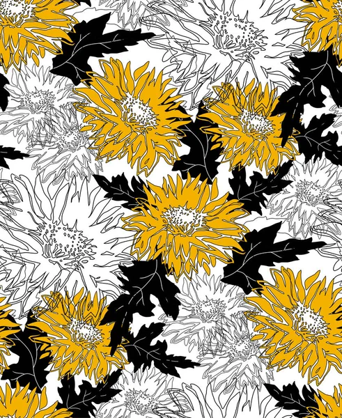 Vollblütige gelbe Chrysantheme. Nahtloses Muster des Freihandvektors umreißen. — Stockvektor