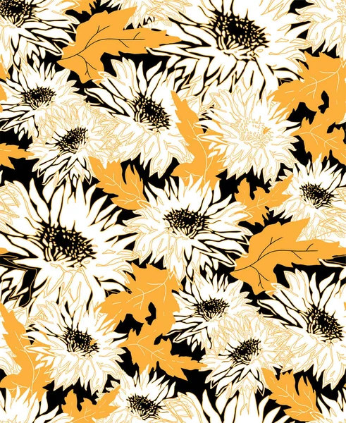 Περίγραμμα και σιλουέτα του Chrysanthemum freehand περίτεχνο διάνυσμα απρόσκοπτη μοτίβο. — Διανυσματικό Αρχείο