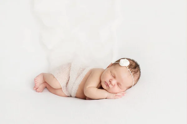 Sleeping Newborn Girl White Background Photoshoot Newborn Days Birth Portrait — Stock Photo, Image